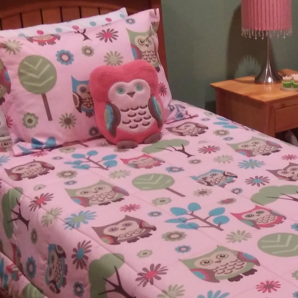 Twin Comforter & Pillow Sham - Kids 2 Pc Set Bedspread Owl Pattern Pink & Green